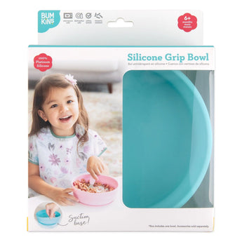 The package shows a kid with a Bumkins Blue Silicone Grip Bowl, ideal for toddlers aged 6 months+ to self-feed.