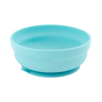 Bumkins Silicone Grip Bowl: Blue, with a suction base, ideal for toddlers self-feeding, side view shown.