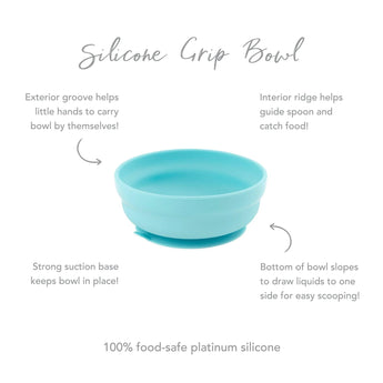 Bumkins Silicone Grip Bowl: Blue offers a secure suction base, exterior groove, interior ridge, and sloped bottom for toddlers.