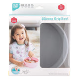 Bumkins Silicone Grip Bowl packaging shows a happy child with a pink suction bowl, made of food-safe platinum silicone for 6+ months.