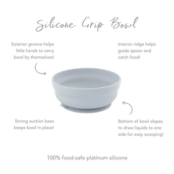 The Bumkins Silicone Grip Bowl in Gray features a suction base and grooves for easy lifting, made from food-safe platinum silicone.