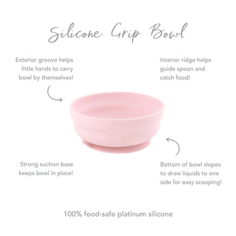 Bumkins Silicone Grip Bowl in pink features a suction base, exterior groove for easy carrying, and an interior ridge to guide the spoon.