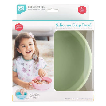 The Bumkins box shows a child with a pink bowl. Right side displays the Silicone Grip Bowl: Sage, featuring a strong suction base.