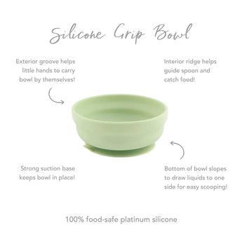 Bumkins Silicone Grip Bowl: Sage features a groove, interior ridge, strong suction base, and sloped bottom for easy use.