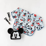 Bumkins Silicone Grip Dish: Mickey Mouse, toddler feeding set with dish, fork & spoon on white.