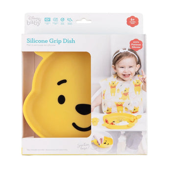 Disney Babys Bumkins Silicone Grip Dish: Winnie The Pooh design, food-safe with suction base; smiling baby featured on the cover.