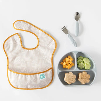 Bumkins Silicone Grip Dish: Gray with suction base holds cheese cubes, cucumber slices, sandwich halves; includes baby utensils.