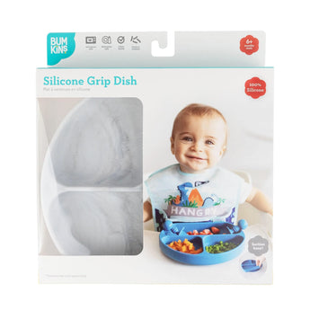 The Bumkins Silicone Grip Dish: Marble package shows a smiling baby with a food-safe silicone bib and a suction dish filled with colorful food.