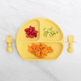 Bumkins Silicone Grip Dish: Pineapple is a food-safe, platinum silicone baby plate with toddler portions of strawberries, avocado, and sweet potato.