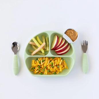 Sage Silicone Grip Dish by Bumkins with mac & cheese, apple slices, veggie sticks & peanut butter. Ideal for toddler feeding.