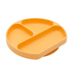 Bumkins Silicone Grip Dish: Tangerine is a yellow round toddler plate with 3 compartments, a silicone grip dish, and suction base.