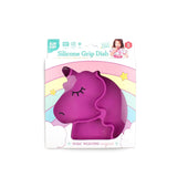 The Silicone Grip Dish Special Edition: Unicorn by Bumkins offers a fun, secure dining experience for toddlers with its rainbow packaging.