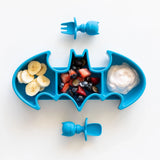 Bumkins Silicone Grip Dish: Batman Blue, bat-shaped for banana slices, berries, and yogurt. Comes with a childs fork and spoon.