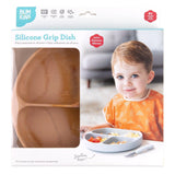 Packaging of Bumkins Silicone Grip Dish: Wood Grain, featuring a child happily eating from the divided, food-safe silicone plate.