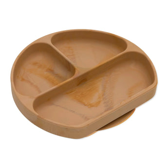 A round, tan Silicone Grip Dish: Wood Grain by Bumkins with 3 compartments and a non-slip suction base.