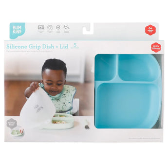 The Bumkins Silicone Grip Dish with Lid (5 Section), in blue, is packaged showing a child happily eating from a similar dish.