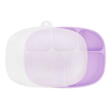 The Lavender Silicone Grip Dish with Lid by Bumkins is ideal for toddlers, featuring five sections and a small hanging loop.