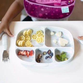 Bumkins Silicone Grip Dish with Lid (5 Section): Marble includes a suction base, fork, and bib. Perfect for pasta wheels, fruit slices & bread.