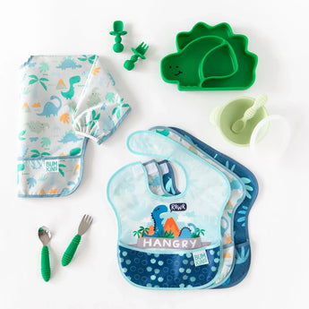 The Ultimate Gift Set - Dinosaurs & Blue Tropic by Bumkins includes a Silicone Grip Dish, bibs, Chewtensils, and sippy cup for self-feeding.