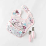 Bumkins Ultimate Gift Set - Floral & Lace: Baby bib with Love You Bunches text and Chewtensils on a white background.