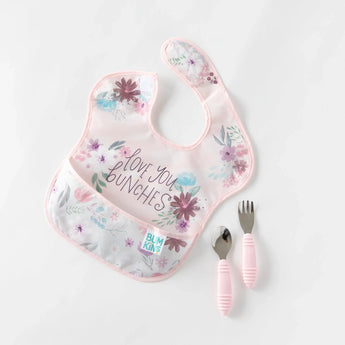 Bumkins Ultimate Gift Set - Floral & Lace: Baby bib with Love You Bunches text and Chewtensils on a white background.