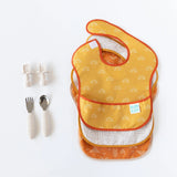 Ultimate Gift Bundle, Desert Boho by Bumkins: 4 colorful SuperBibs & 2 baby self-feeding utensils on a white background.