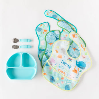 Bumkins Ultimate Gift Set - Ocean Life & Whale Tail: bibs, blue silicone plate & matching SuperBib fork/spoon for self-feeding.