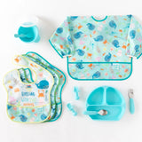 Bumkins Ultimate Gift Set: Ocean Life & Whale Tail with SuperBib, plate, Silicone Chewtensils, suction bowl in soothing aqua.