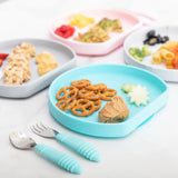 Bumkins Silicone Grip Plate in blue with snacks: pretzels, fruits, veggies. Includes a fork and spoon in the foreground.