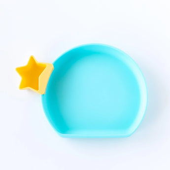 Bumkins Silicone Grip Plate in Blue: a semi-circular plate with a star-shaped, food-safe silicone container on the edge.