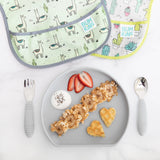 Childrens meal on a gray Bumkins Silicone Grip Plate with waffles, yogurt, strawberries, and granola; suction base ensures stability.