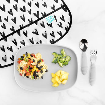 Bumkins Silicone Grip Tray: Gray, includes pasta, black beans & more. Features a strong suction base with fork & spoon on the side.