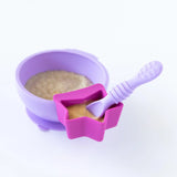 Bumkins Silicone Little Dipper 3-Pack: Lollipop includes a purple bowl with oatmeal, pink star-shaped container, and a spoon that clips on.