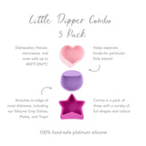 Image of Bumkins Silicone Little Dipper 3-Pack: Lollipop, featuring heart, circle, and star-shaped reusable condiment cups in pink and purple.