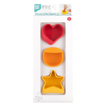 The Bumkins Silicone Little Dipper 3-Pack: Tutti-Frutti has heart, circle, and star-shaped sauce cups in red/yellow.