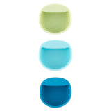 Bumkins Silicone Little Dipper Round 3-Pack bowls in green, light blue, and dark blue. Stackable and with lips for easy hanging or resting.