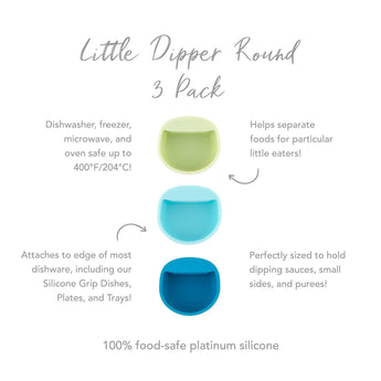 Bumkins Silicone Little Dipper Round 3-Pack: Gumdrop includes round dip holders in light green, blue, and teal. Safety and freezer safe.