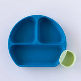 Bumkins Silicone Little Dipper Taffy pack: blue divided plate with 3 sections and green silicone cup on white background.