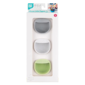 Bumkins Silicone Little Dipper 3-Pack: Taffy in grey, white, and green - reusable food-grade condiment containers.