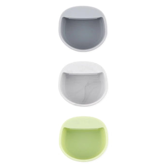 The Bumkins Silicone Little Dipper Round 3-Pack: Taffy in gray, white, and light green are made from reusable food-grade silicone.