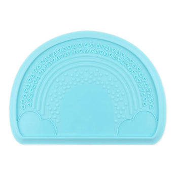 Bumkins Silicone Sensory Placemat in blue has a rainbow pattern and cloud edges, perfect for fun at mealtime.