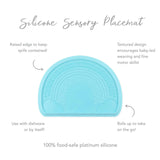 Bumkins Silicone Sensory Placemat in Blue: nonslip, rainbow patterns, raised edges, 100% food-safe platinum silicone.