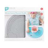 Packaging a Bumkins Silicone Sensory Placemat: Gray, nonslip for baby use.