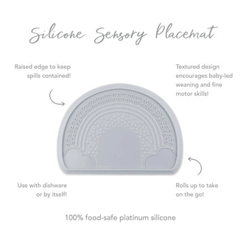 Bumkins Silicone Sensory Placemat in gray with a rainbow design offers a raised edge, textured nonslip surface, and easy travel flexibility.