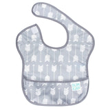 The SuperBib®: Arrow by Bumkins is waterproof, machine washable, gray with a white arrow pattern, and features the iconic logo.