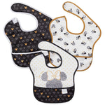 Bumkins SuperBib® 3 Pack: Love, Minnie - features Mickey and Minnie Mouse designs in stain-resistant black, white, and gold.