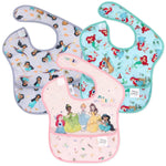 The Bumkins SuperBib® 3-Pack includes the Magical World, Ariel, and Jasmine designs featuring vibrant illustrations of mermaids, princesses, and sea creatures. Made with waterproof fabric, they have overlapping corners and adjustable straps for a perfect fit.