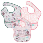 The Bumkins SuperBib® 3 Pack: Love You Bunches includes three floral waterproof bibs in pink & gray with adjustable fit.