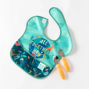 Bumkins SuperBib® 3 Pack: All Together Now includes animal print bibs & a spoon/fork set with yellow handles, featuring durable waterproof fabric.