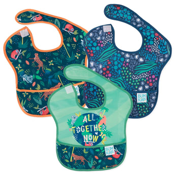 Three Bumkins SuperBibs with jungle/ocean patterns and All Together Now text are arranged overlapping, showcasing durable fabric.